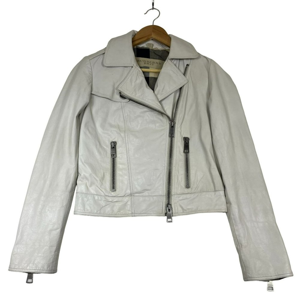 Burberry Brit Asymmetric Calf Leather Moto Jacket Size 6 Ivory Fitted